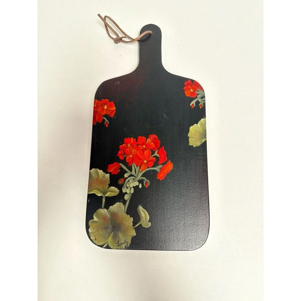 Vintage Hand-Painted‎ Geranium Floral Wooden Decorative Cutting Board by Lorelle
